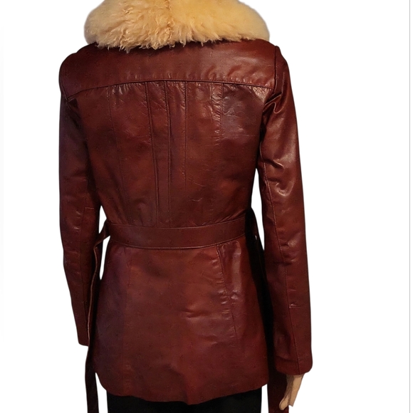 Vintage 70s Elegant Leather Women's Jacket Penny Lane Fur Collar / S / Burgundy - Picture 4 of 17